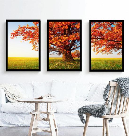Kit 3 Quadros Arvore Folhagem Decoração Paisagem Com Moldura