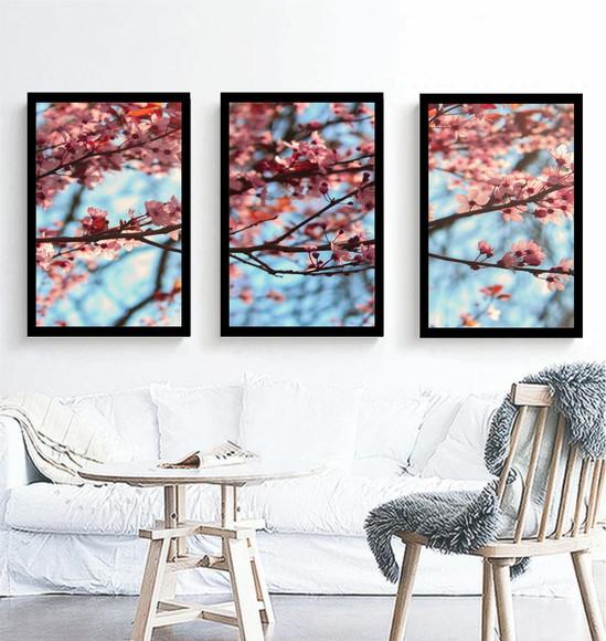 Kit 3 Quadros Arvore Galhos Decoração Flor Cerejeira Moldura