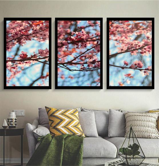 Kit 3 Quadros Arvore Galhos Decoração Flor Cerejeira Moldura