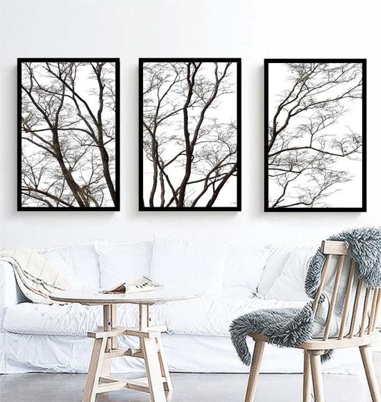 Kit 3 Quadros Arvore Galhos Decoração Preto e Branco Moldura