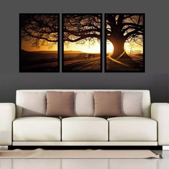 Kit 3 Quadros Arvore Pôr do Sol Conjunto Entardecer Floresta