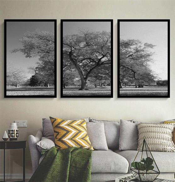 Kit 3 Quadros Arvore Preto e Branco Decoração Com Molduras