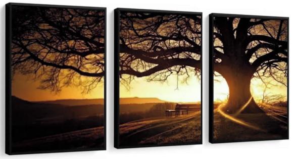 Kit 3 Quadros Arvore Pôr Do Sol Decoração Conjunto Moldura