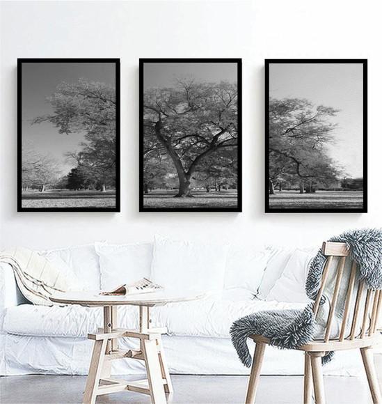 Kit 3 Quadros Arvore Preto e Branco Decoração Com Molduras