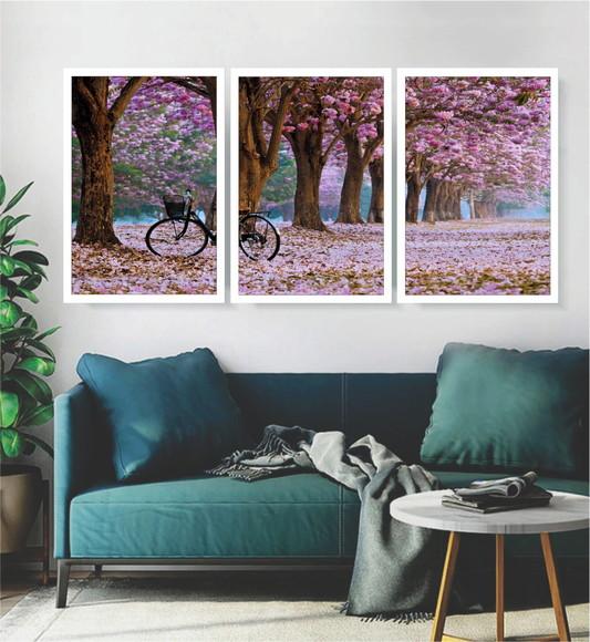 Kit 3 Quadros Arvores Cerejeira Decoração Bicicleta Molduras