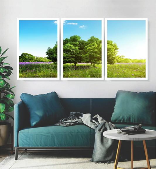 Kit 3 Quadros Arvores Verde Paisagem Decoração Com Moldura