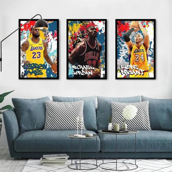 Kit 3 Quadros Basquete Jogadores Esporte Decoração Moldura