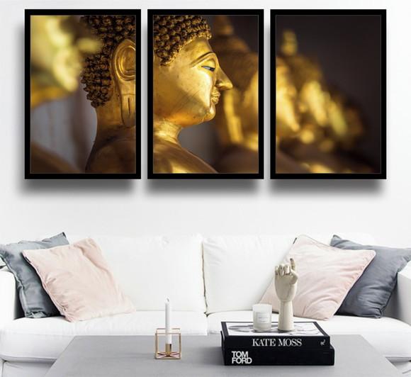 Kit 3 Quadros Buda Decoração Meditação Conjunto Com Moldura