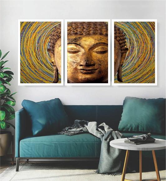 Kit 3 Quadros Buda Decoração Meditação Conjunto Com Moldura