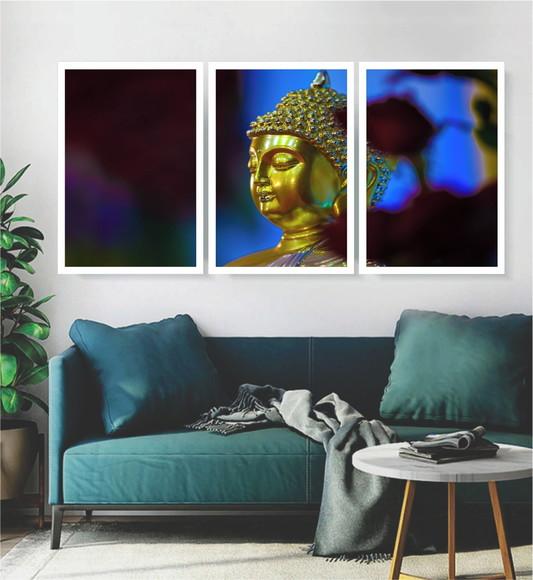 Kit 3 Quadros Buda Decoração Meditação Conjunto Com Moldura