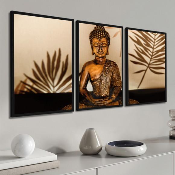 Kit 3 Quadros Buda Decoração Meditação Recepção Com Moldura