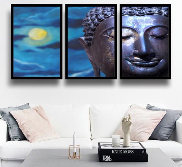 Kit 3 Quadros Buda Meditação Decoração Azul Conjunto Moldura