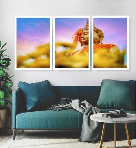 Kit 3 Quadros Buda Dourado Conjunto Decoração Com Moldura