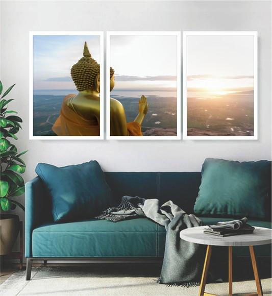 Kit 3 Quadros Buda Meditação Decoração Budista Com Moldura