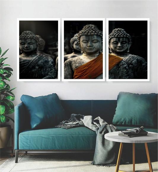 Kit 3 Quadros Buda Meditação Decoração Paisagem Com Moldura