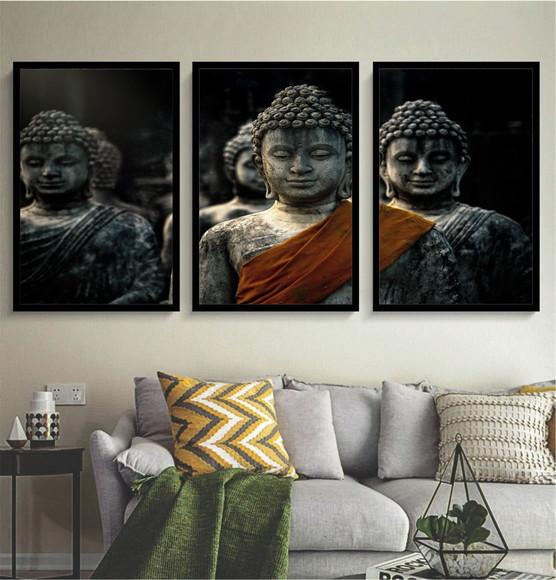 Kit 3 Quadros Buda Meditação Decoração Paisagem Com Moldura