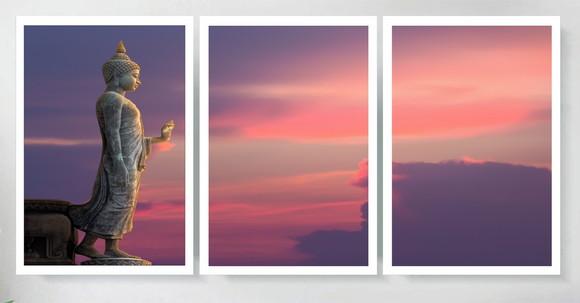 Kit 3 Quadros Buda Meditação Paisagem Sol Decoração Moldura