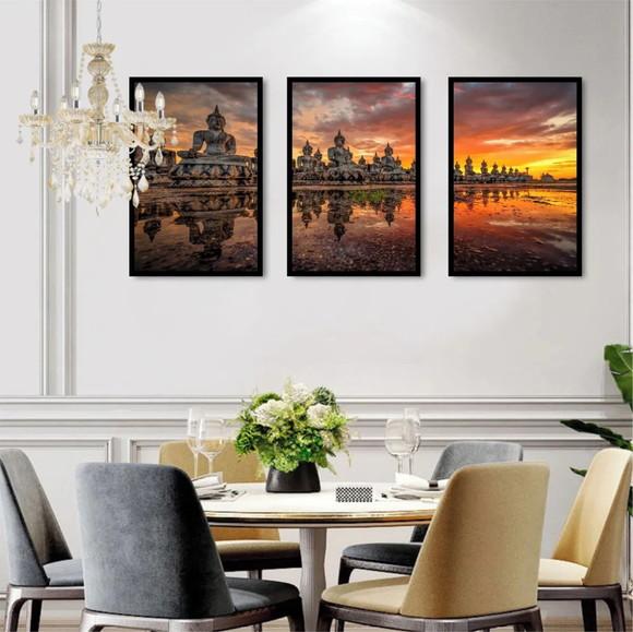 Kit 3 Quadros Buda Paisagem Decoração Meditação Com Moldura