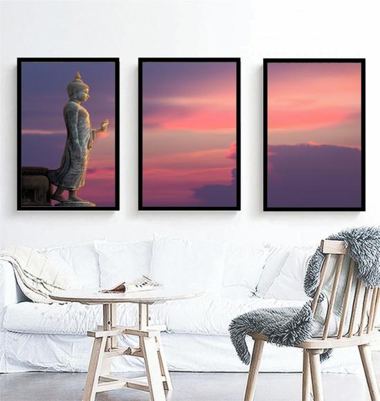 Kit 3 Quadros Buda Meditação Paisagem Sol Decoração Moldura
