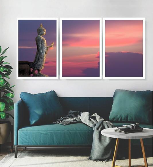Kit 3 Quadros Buda Meditação Paisagem Sol Decoração Moldura