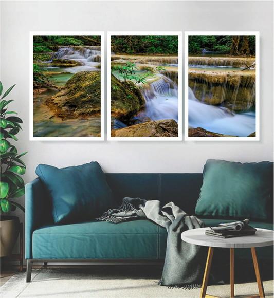 Kit 3 Quadros Cachoeira Natureza Decoração Conjunto Moldura