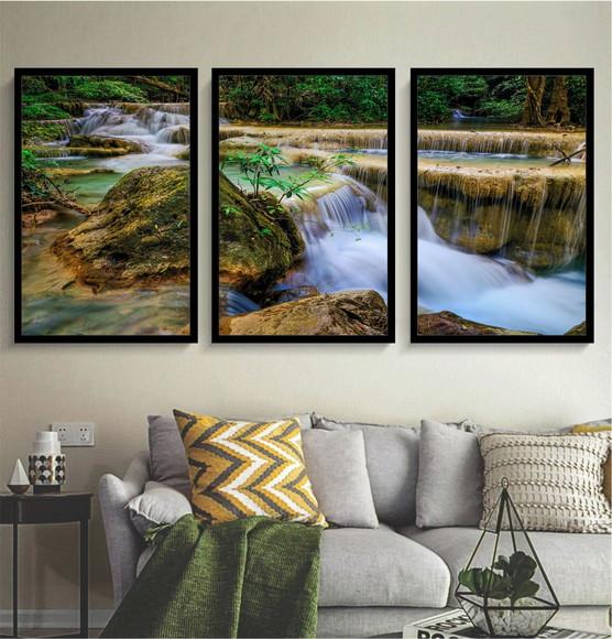 Kit 3 Quadros Cachoeira Natureza Decoração Conjunto Moldura