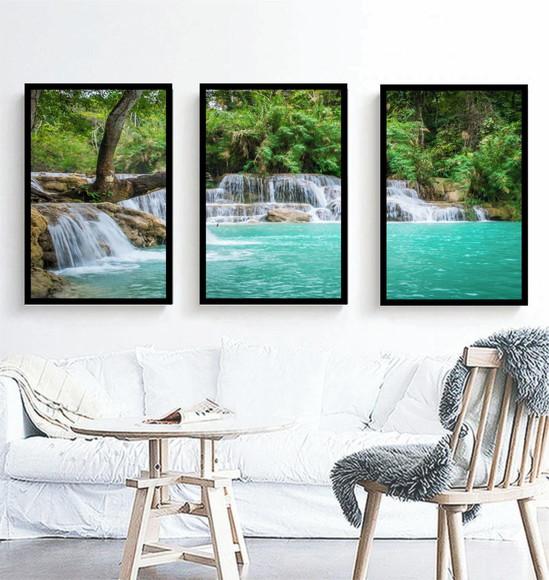Kit 3 Quadros Cachoeira Natureza Decoração Conjunto Moldura