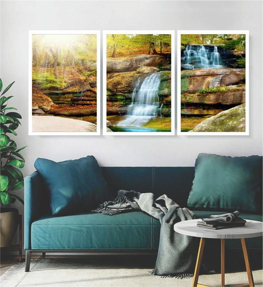 Kit 3 Quadros Cachoeira Natureza Paisagem Decoração Moldura