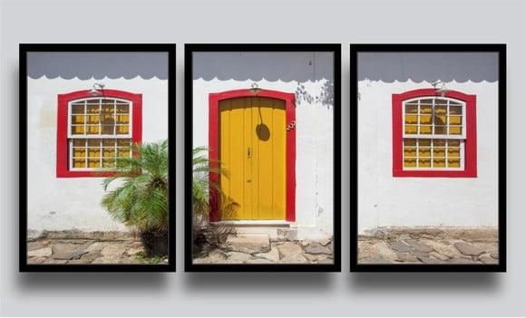 Kit 3 Quadros Casa Antiga Cidade Histórica Moldura e Vidro