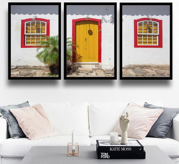 Kit 3 Quadros Casa Antiga Cidade Histórica Moldura e Vidro