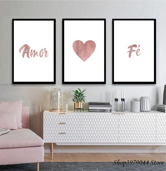 Kit 3 Quadros Casal Amor Fé Coração Decoração Quarto Moldura