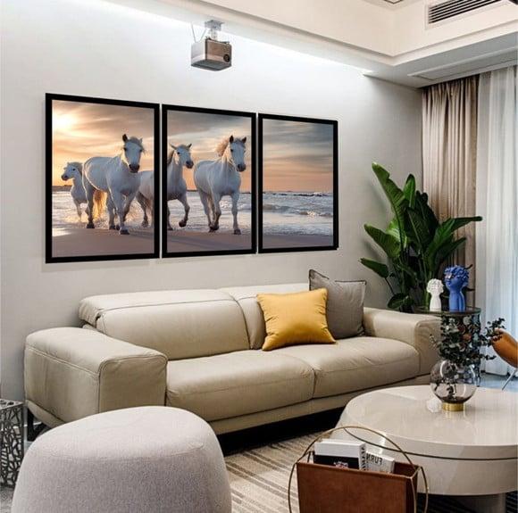 Kit 3 Quadros Cavalos Paisagem Decoração Conjunto Molduras