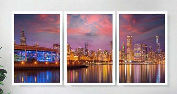 Kit 3 Quadros Cidade Chicago A Noite Decoração Com Moldura