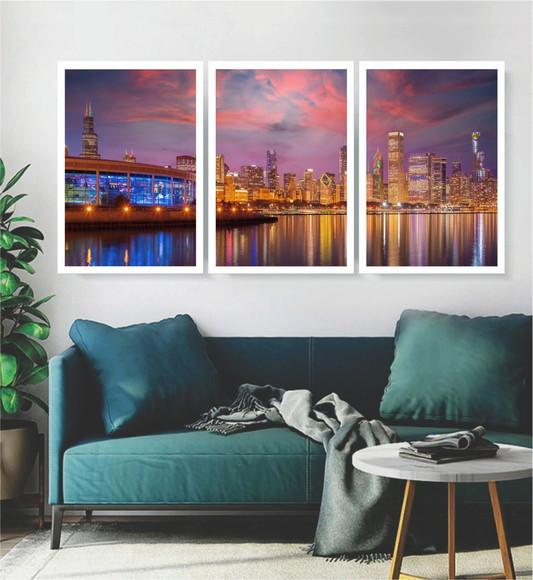 Kit 3 Quadros Cidade Chicago A Noite Decoração Com Moldura