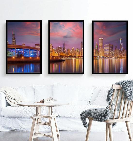 Kit 3 Quadros Cidade Chicago A Noite Decoração Com Moldura