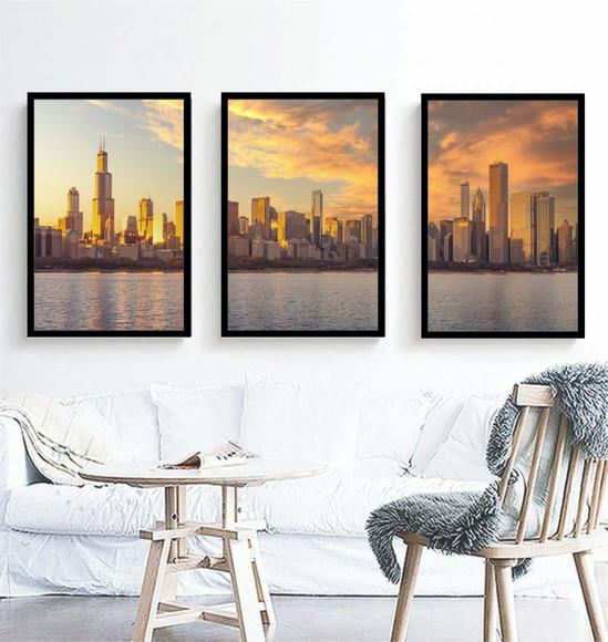 Kit 3 Quadros Cidade Chicago Paisagem Decoração Casa Moldura