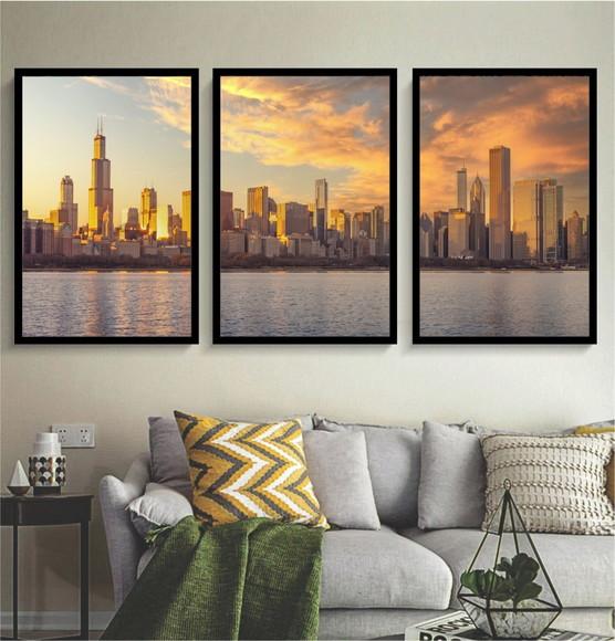 Kit 3 Quadros Cidade Chicago Paisagem Decoração Casa Moldura