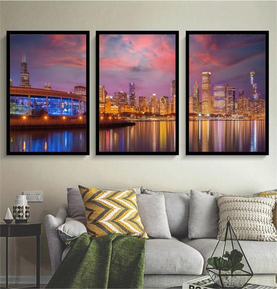 Kit 3 Quadros Cidade Chicago A Noite Decoração Com Moldura