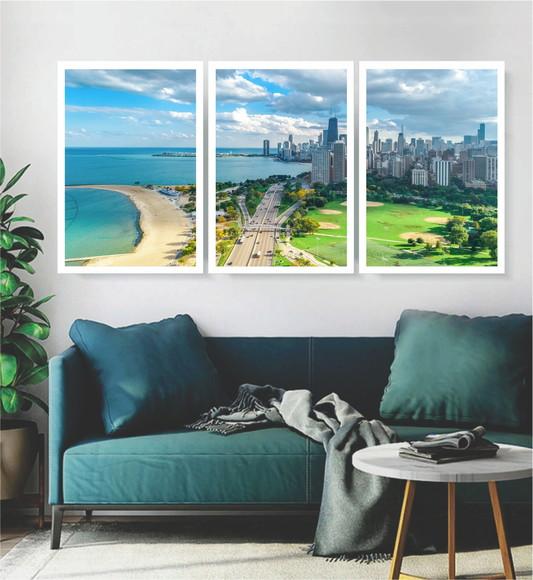 Kit 3 Quadros Cidade Chicago Paisagem Decoração Com Moldura