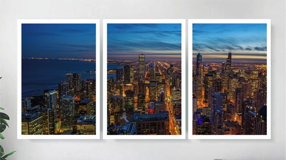 Kit 3 Quadros Cidade Chicago Paisagem Decoração Com Moldura