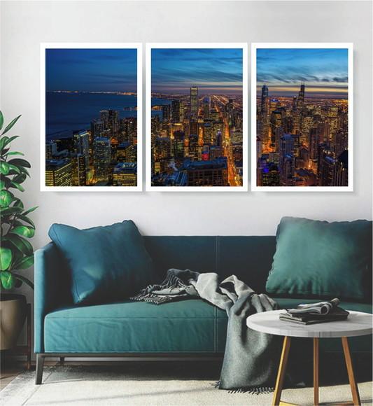 Kit 3 Quadros Cidade Chicago Paisagem Decoração Com Moldura