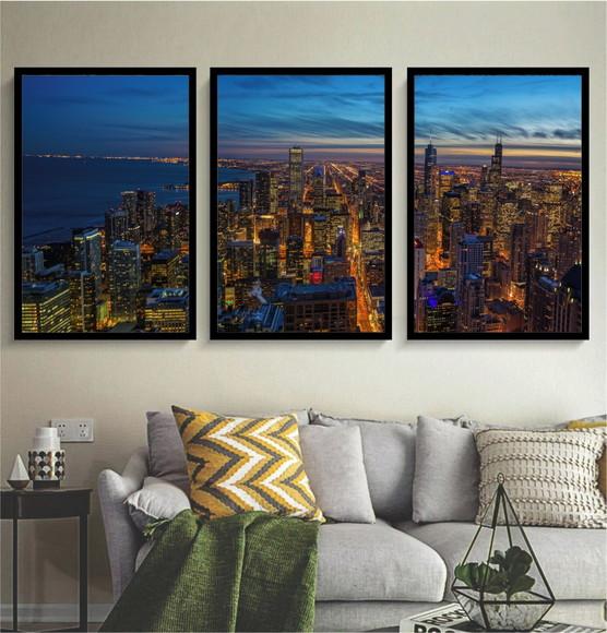 Kit 3 Quadros Cidade Chicago Paisagem Decoração Com Moldura