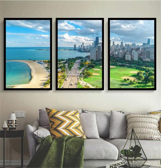 Kit 3 Quadros Cidade Chicago Paisagens Decoração Com Moldura