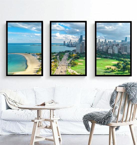 Kit 3 Quadros Cidade Chicago Paisagens Decoração Com Moldura