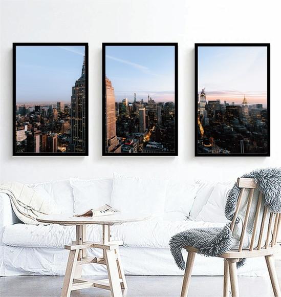 Kit 3 Quadros Cidade Nova York Arranha Céu Decoração Moldura