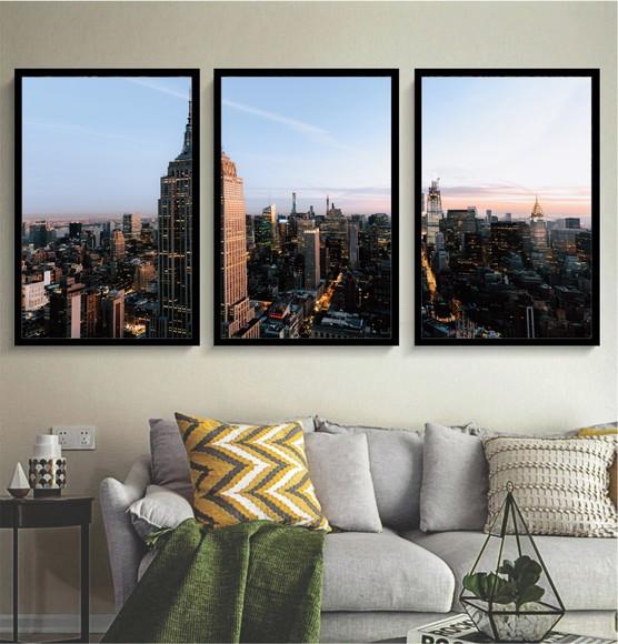 Kit 3 Quadros Cidade Nova York Arranha Céu Decoração Moldura