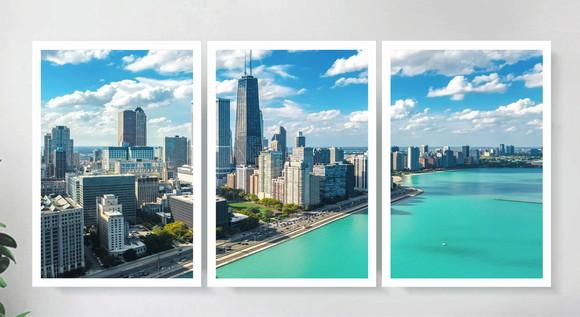 Kit 3 Quadros Cidades Chicago Praia Azul Decoração Moldura