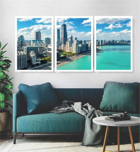 Kit 3 Quadros Cidades Chicago Praia Azul Decoração Moldura