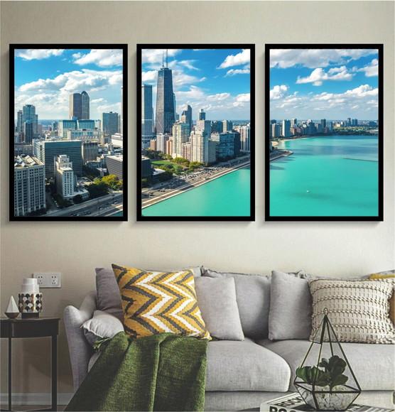 Kit 3 Quadros Cidades Chicago Praia Azul Decoração Moldura