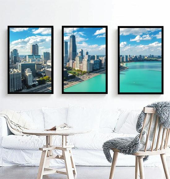 Kit 3 Quadros Cidades Chicago Praia Azul Decoração Moldura